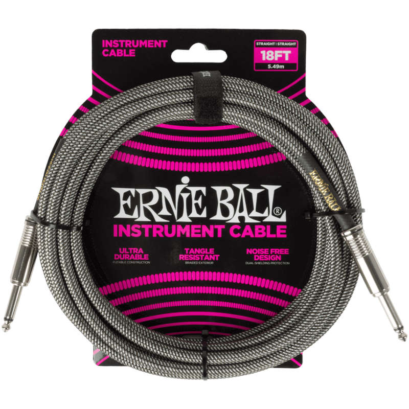 Ernie Ball Straight/Straight Braided Instrument Cable  18ft (5.5M) - Silver Fox