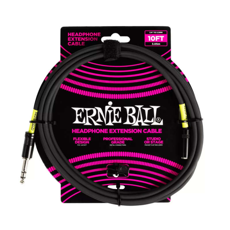 Ernie Ball Headphone Extension Cable 1/4 to 3.5mm 10ft - Black
