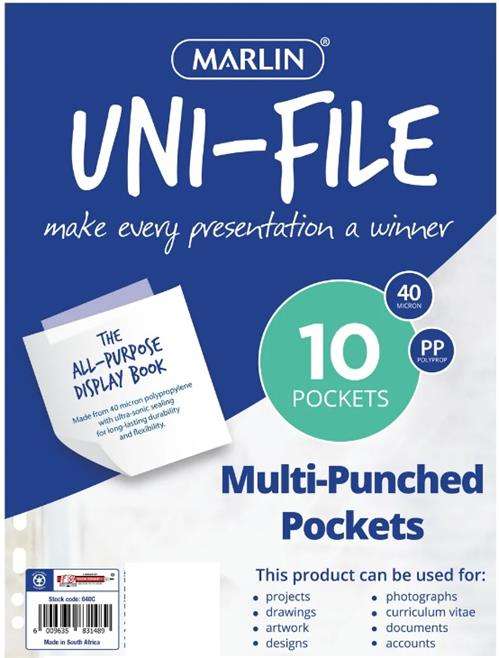Marlin A4 File Pockets Sleeves Clear Pack of 10- Clear A4 Multi Punched Pockets 40 Micron Protect...