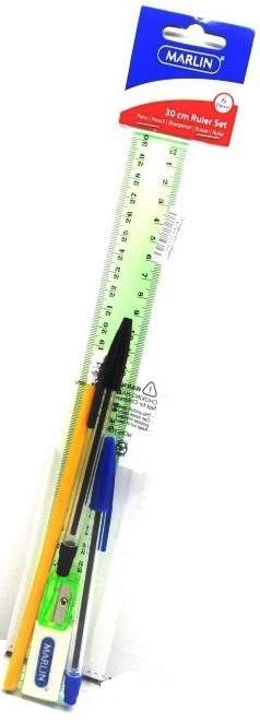 Marlin 6 Piece Writing Pack- 30cm Ruler Black Ball Point Pen Blue Ball Point Pen Rubber Tipped Pe...