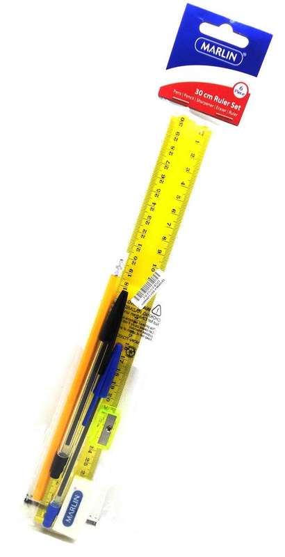 Marlin 6 Piece Writing Pack- 30cm Ruler Black Ball Point Pen Blue Ball Point Pen Rubber Tipped Pe...