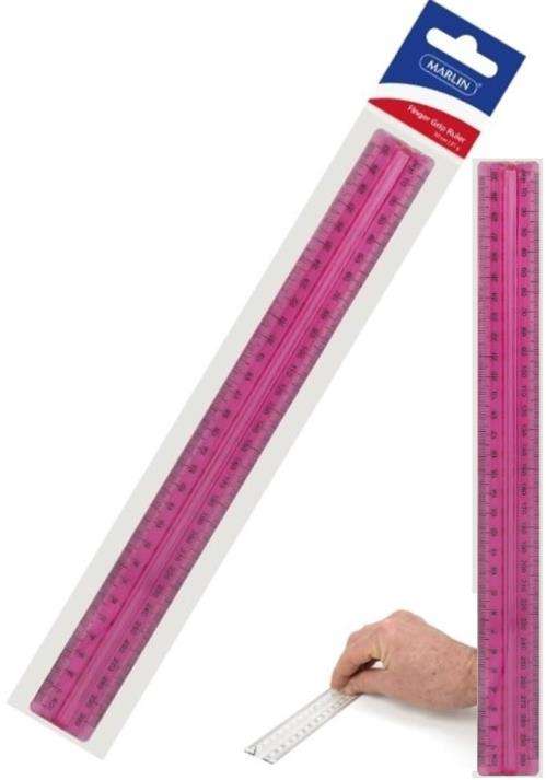 Marlin 30cm Finger Grip Ruler Clear Pink- Raised Centre For Easy Handling Centimetres And Millime...
