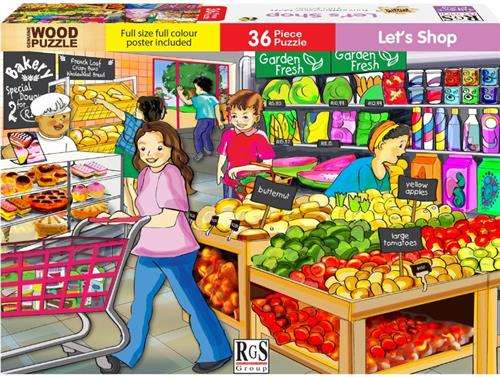 RGS 36 Piece A4 Wooden Puzzle Let us Shop-Interlocking Pieces 210 x 297mm Each Puzzle Contains A ...