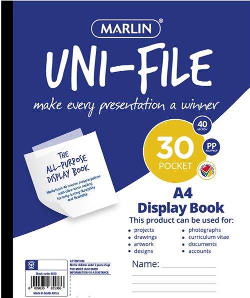 Marlin Uni File A4 All Purpose Flip File Display Book- 30 X Page Pocket 40 Micron Polyethylene Tr...