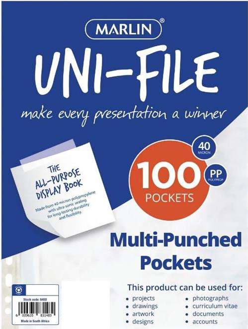 Marlin A4 File Pockets Sleeves Clear Pack of 100- Clear A4 Multi Punched Pockets 40 Micron Protec...