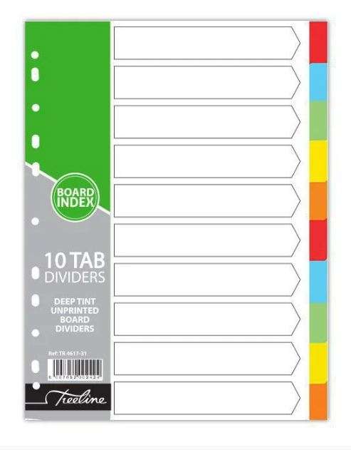 Treeline A4 160gsm Board File Dividers 10 Tab Bright Deep Tint Unprinted Not Numbered-(Tab 1-10)