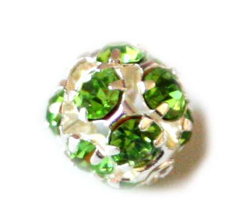 10mm round metal bead with green rhinestone.
