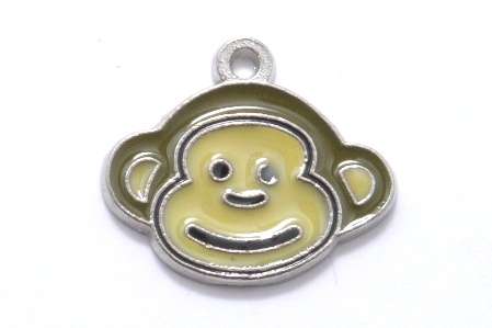 Khaki and light green monkey face charm. Silver base colour. 18mm