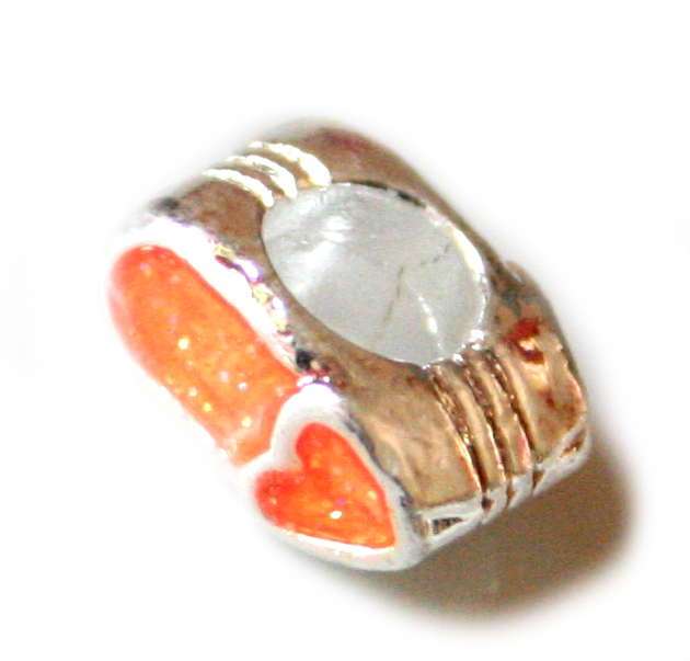 2x Orange heart exclamation cloisonne bead. Silver base colour. 4mm.