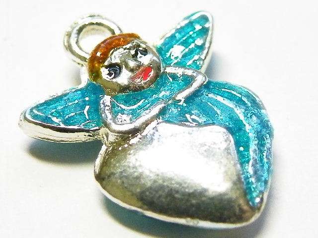 Teal Heart & Angel Charm, 18mm Nickel Silver