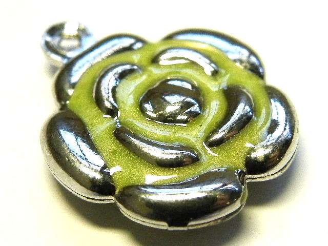Green Cloisonne Flower Charm, 18mm Nickel Silver