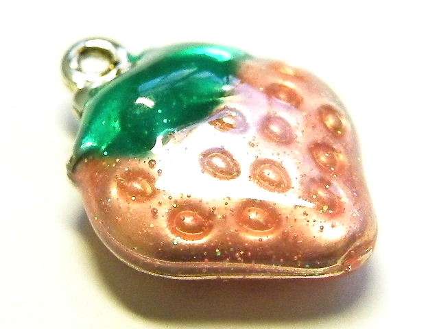 Peach cloisonne strawberry charm, 15mm nickel silver