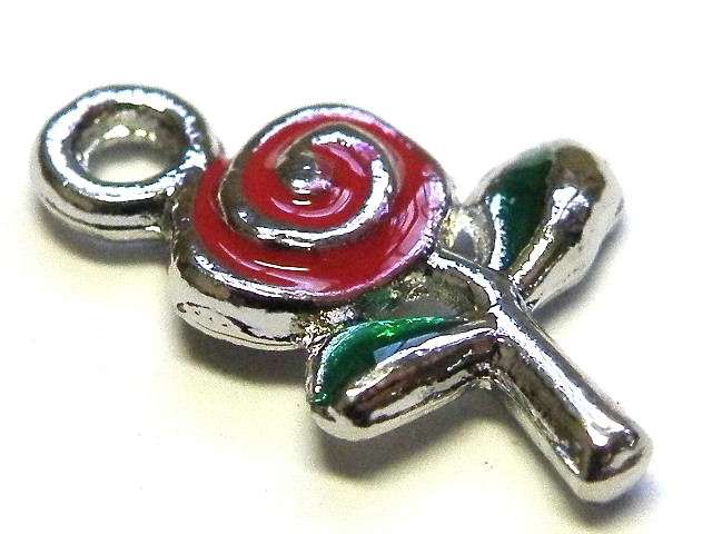 Rose Cloisonne Charm, 18mm Nickel Silver