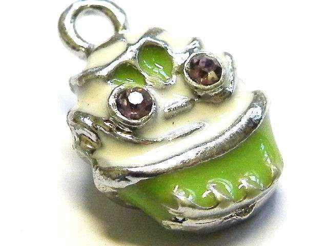 Green cloisonne cup cake charm, 17mm nickel silver