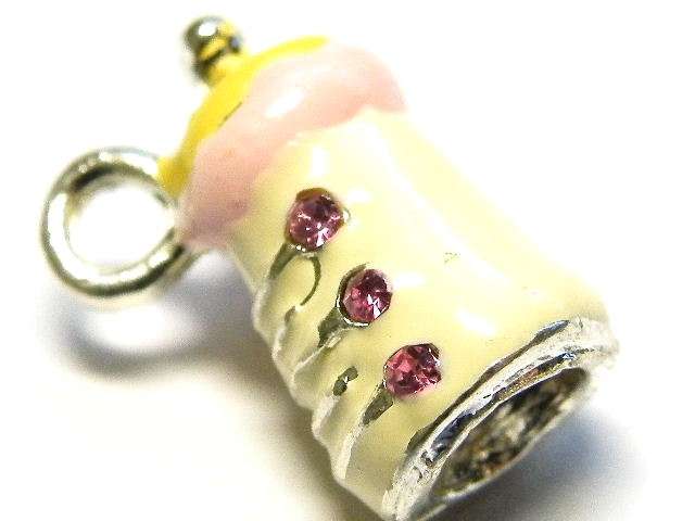 Cream & Yellow Cloisonne Baby Bottle Charm, 16mm Nickel Silver