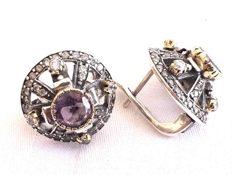 Amethyst in brass and 92.5 silver earring 18mm