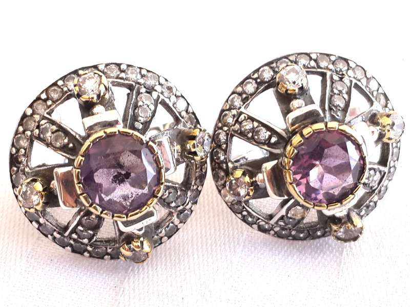 Amethyst in brass and 92.5 silver earring 18mm