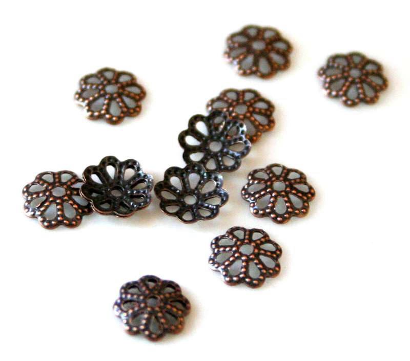 Packet of 10 Bead caps flat flower design, copper color, 7mm