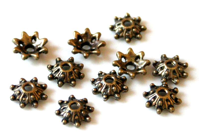 Packet of 10 bead caps flower receptacle design, bronze color, 9mm