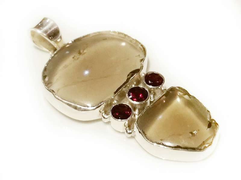 Smoky Quartz and Garnet Freeform 925 Sterling Silver Pendant 74mm inc bail