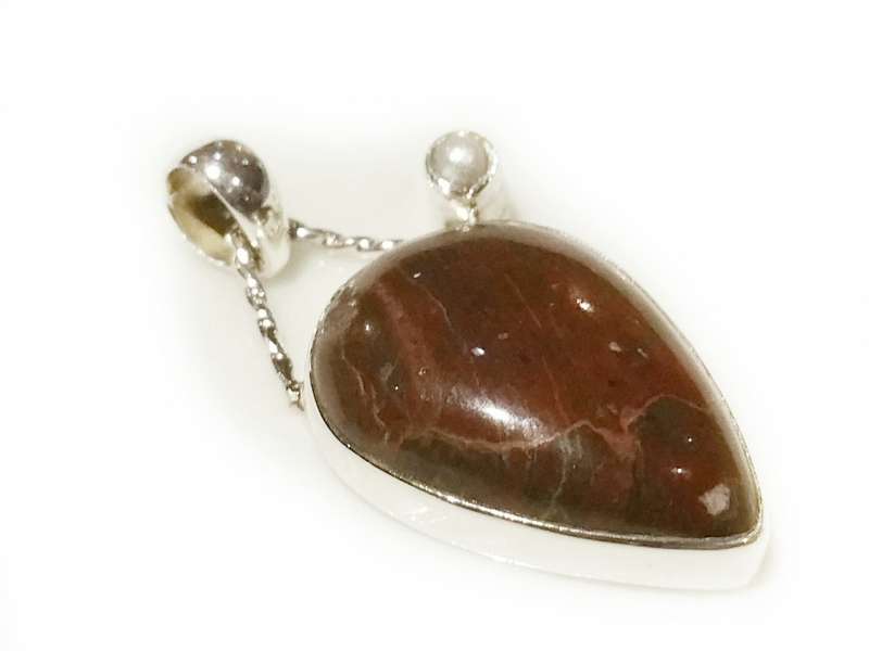 Petrified Wood Teardrop Pendant with Pearl Sterling Silver 925 Pendant 35mm inc bail