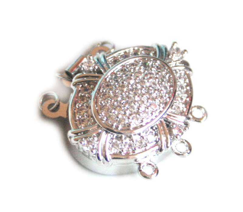 Oval box clasp w rhinestones, silver color, 3-string, 26mm, nickel free
