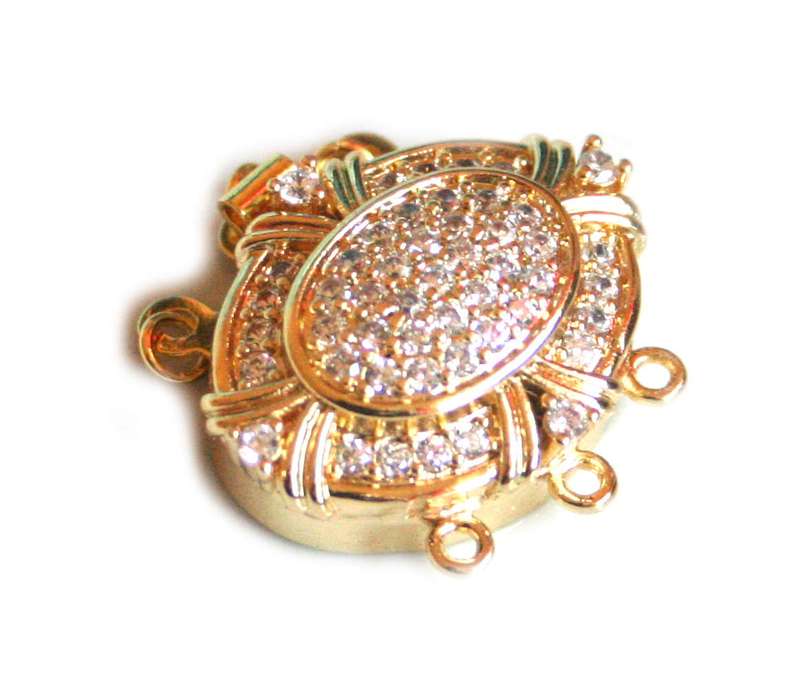 Oval box clasp w rhinestones, gold color, 3-string, 26mm, nickel free