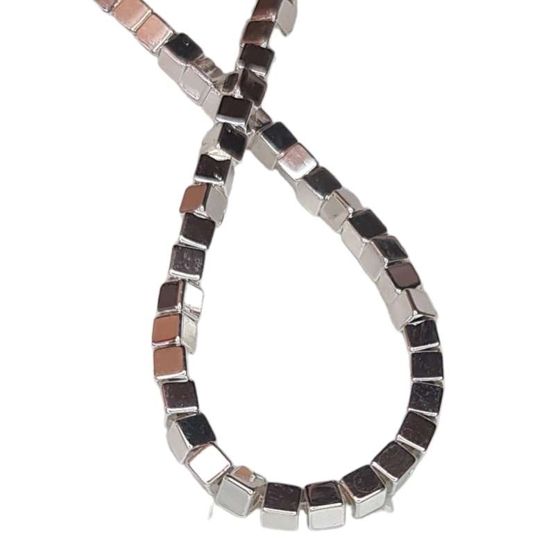 Hematite bead string, squares, silver, 3mm, 40cm