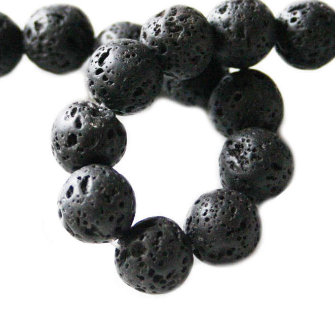 Black Lava bead string, round, 15mm, 40cm