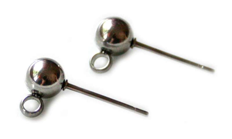 Earring stud pair with ball and ring, stainless steel, 4mm bead