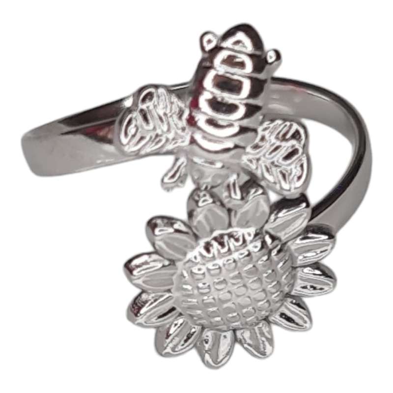 Stainless steel sunflower & bee ring, adjustable