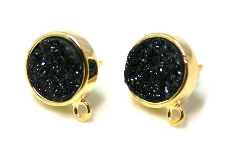 Black druzy stud earrings w loop, gold base, 16mm