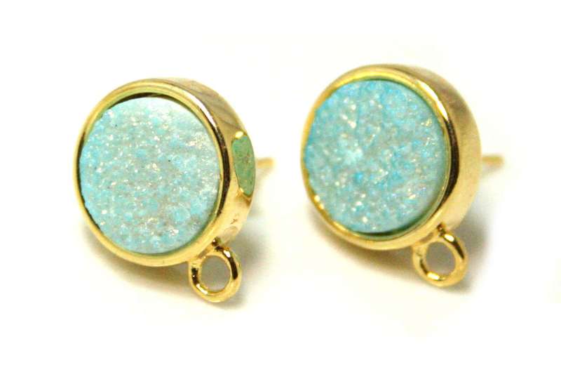 Aqua druzy stud earrings w loop, gold base, 16mm
