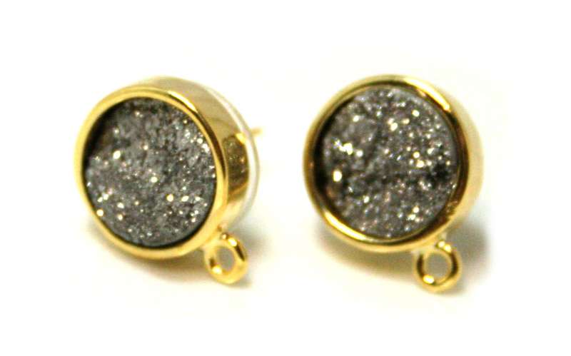 Silver druzy stud earrings w loop, gold base, 16mm