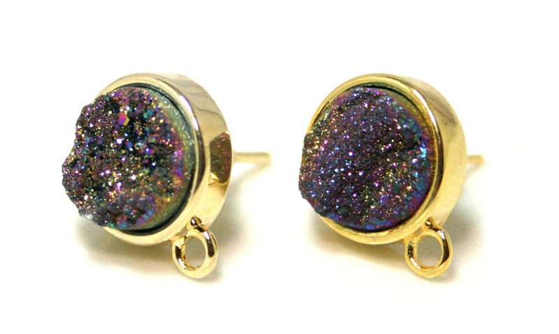 Aura druzy stud earrings w loop, gold base, 16mm