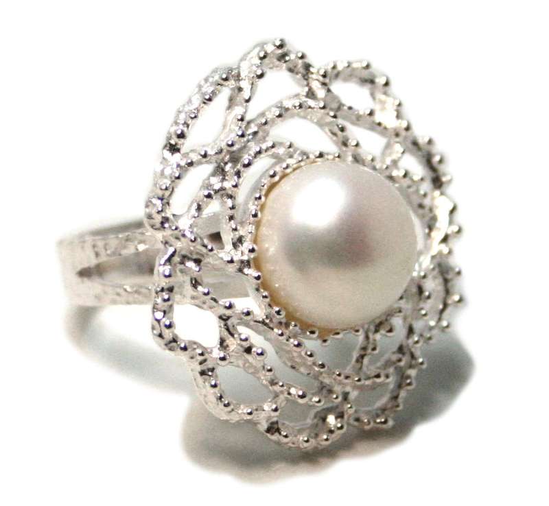 Freshwater Pearl rose ring in 925 silver, 18mm ID
