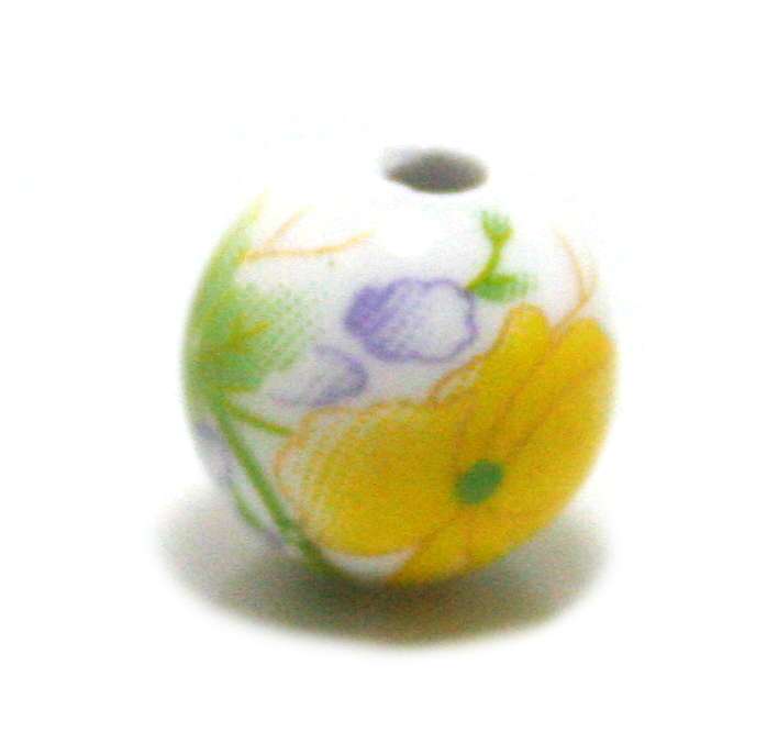 White glass bead w flowers, yellow, 10mm - Silver Hills 0.01kg