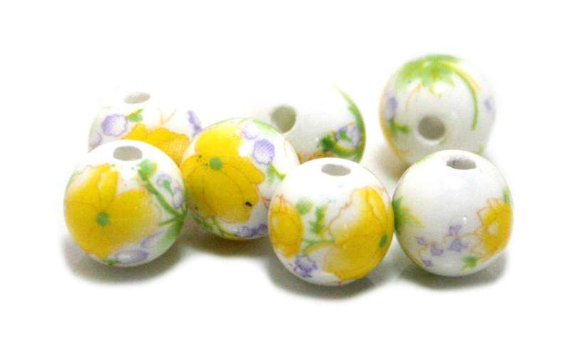 White glass bead w flowers, yellow, 10mm - Silver Hills 0.01kg