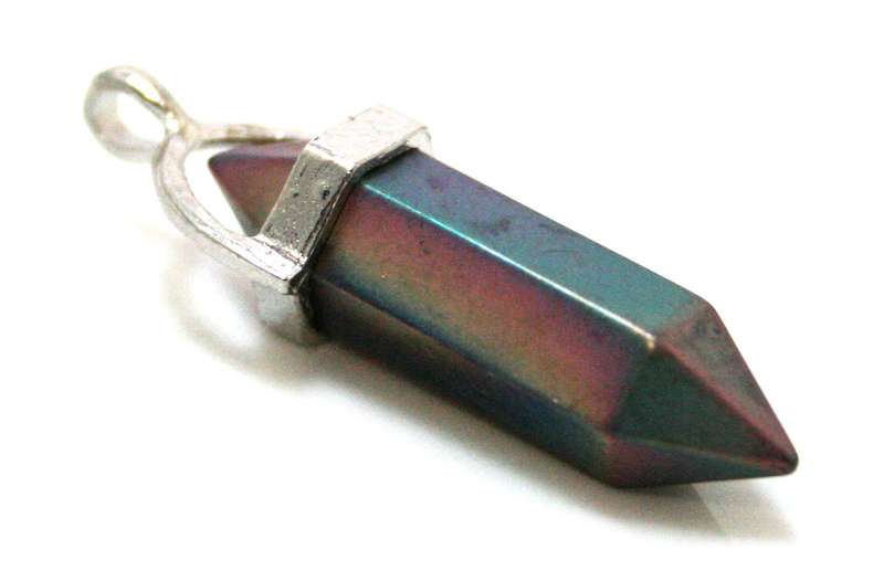 Pink/blue Aura Hematite point pendant, matte, 40mm