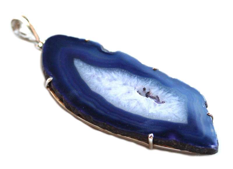 Blue Agate slice pendant in 925 silver, 96mm incl. bail