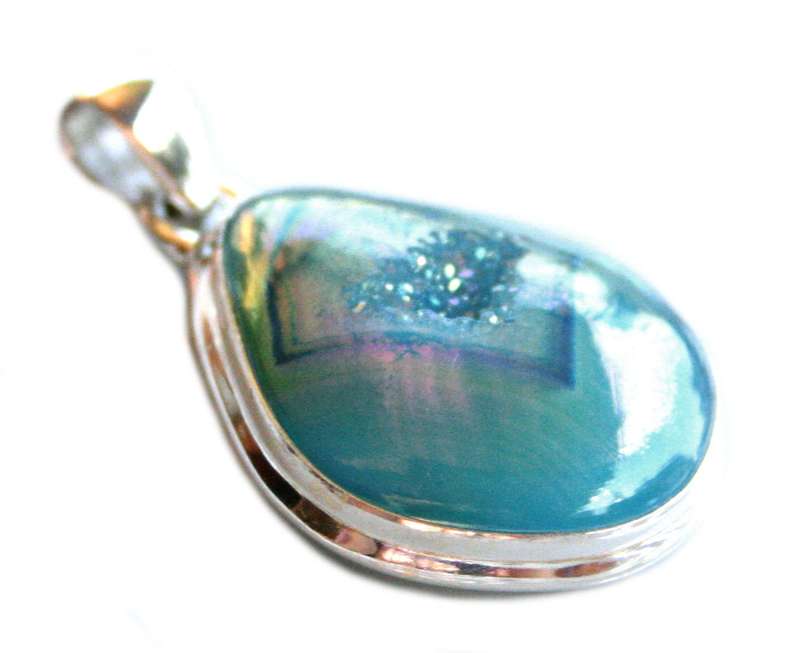 Blue Aura Druzy pendant in 925 silver, 38mm incl. bail