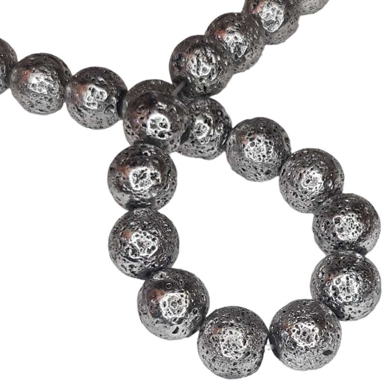 Metallic Silver Lava bead string, round, 10mm, 40cm