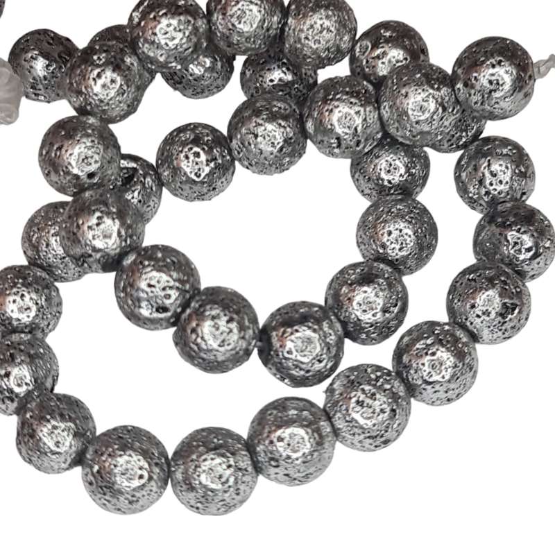Metallic Silver Lava bead string, round, 10mm, 40cm