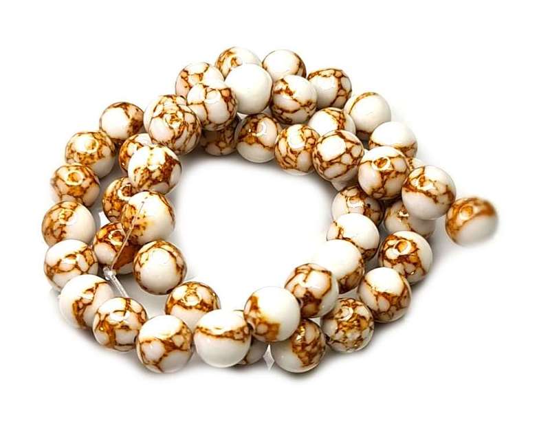 Cream w gold resin bead string, round, 8mm, 40cm