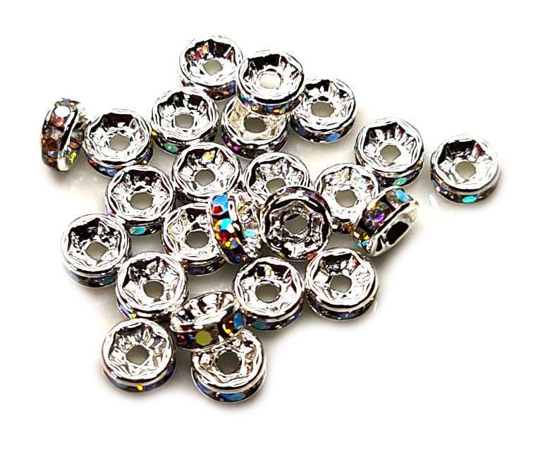 10x Round rondelle w AB rhinestones, 6mm