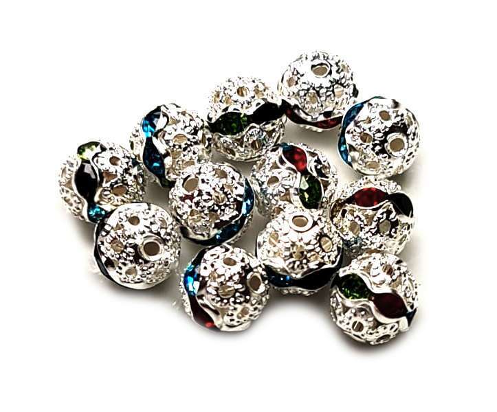 10x Metal bead w rhinestones, 8mm, assorted