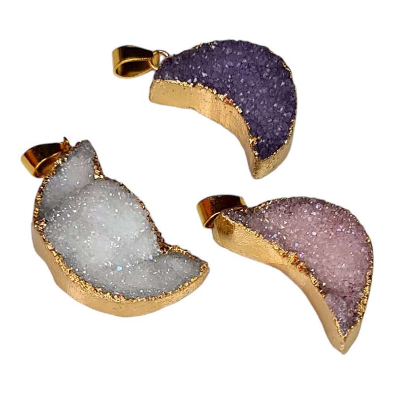 Druzy crescent moon pendant, assorted, 36mm