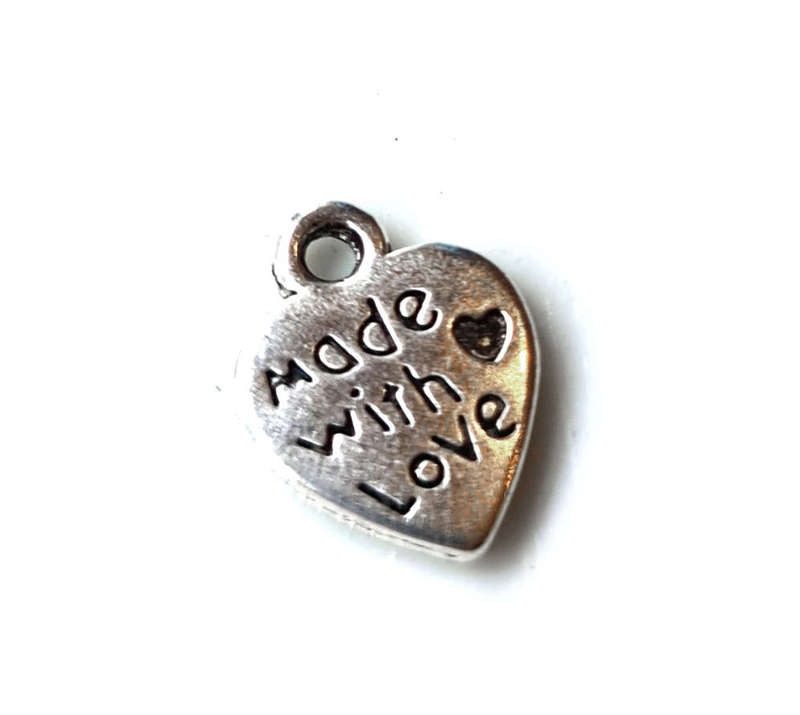 4x "made with love" heart charm, 13mm