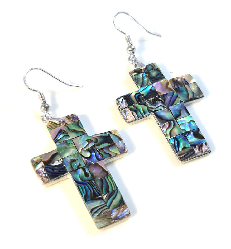 Paua shell cross earrings, 62mm incl. hook