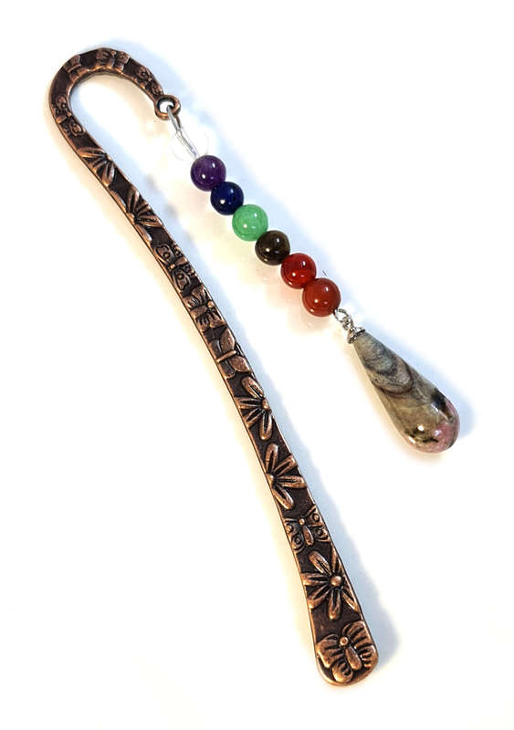 Bronze chakra bookmark, rhodonite, 12.5cm